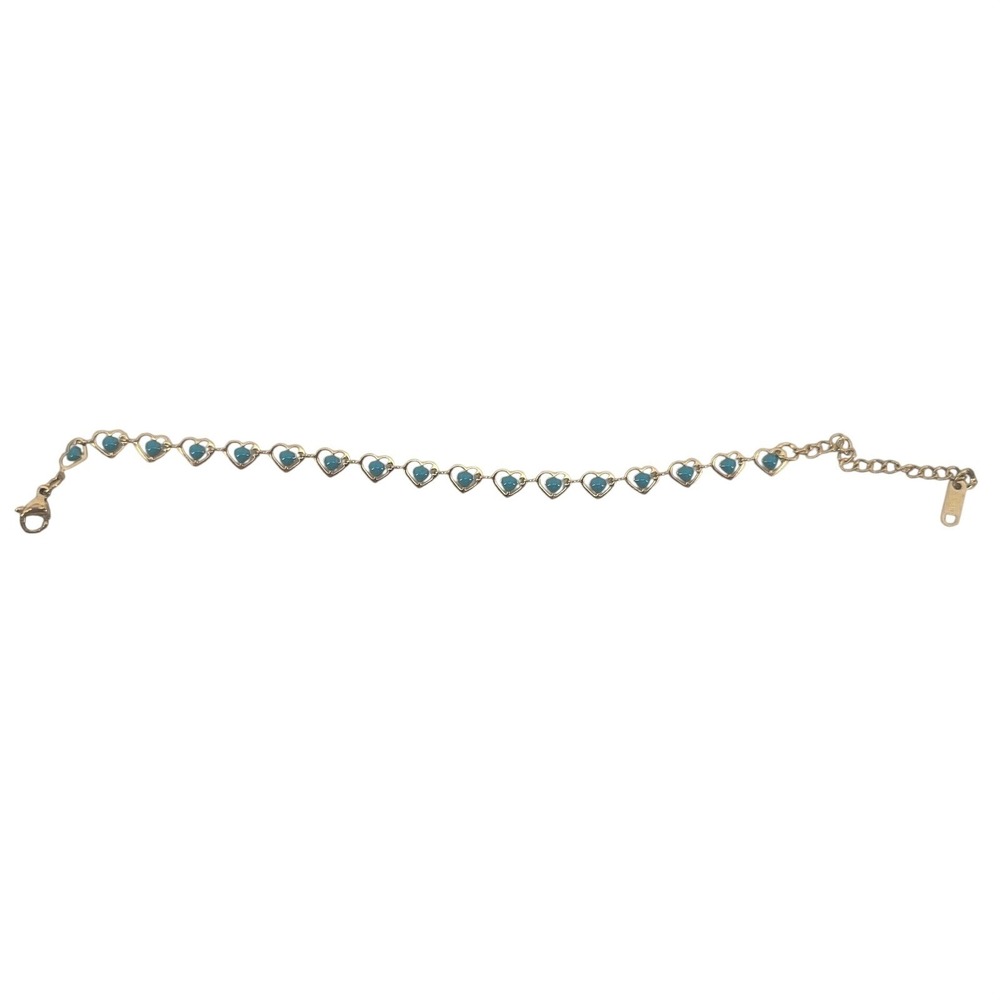 Bracelet Womens Heart Link Gold Teal Faux Turquoise 7-9in - Picture 2 of 2